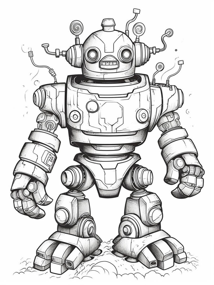 Robô estilo cartoon com fiação e detalhes metálicos em desenho para colorir