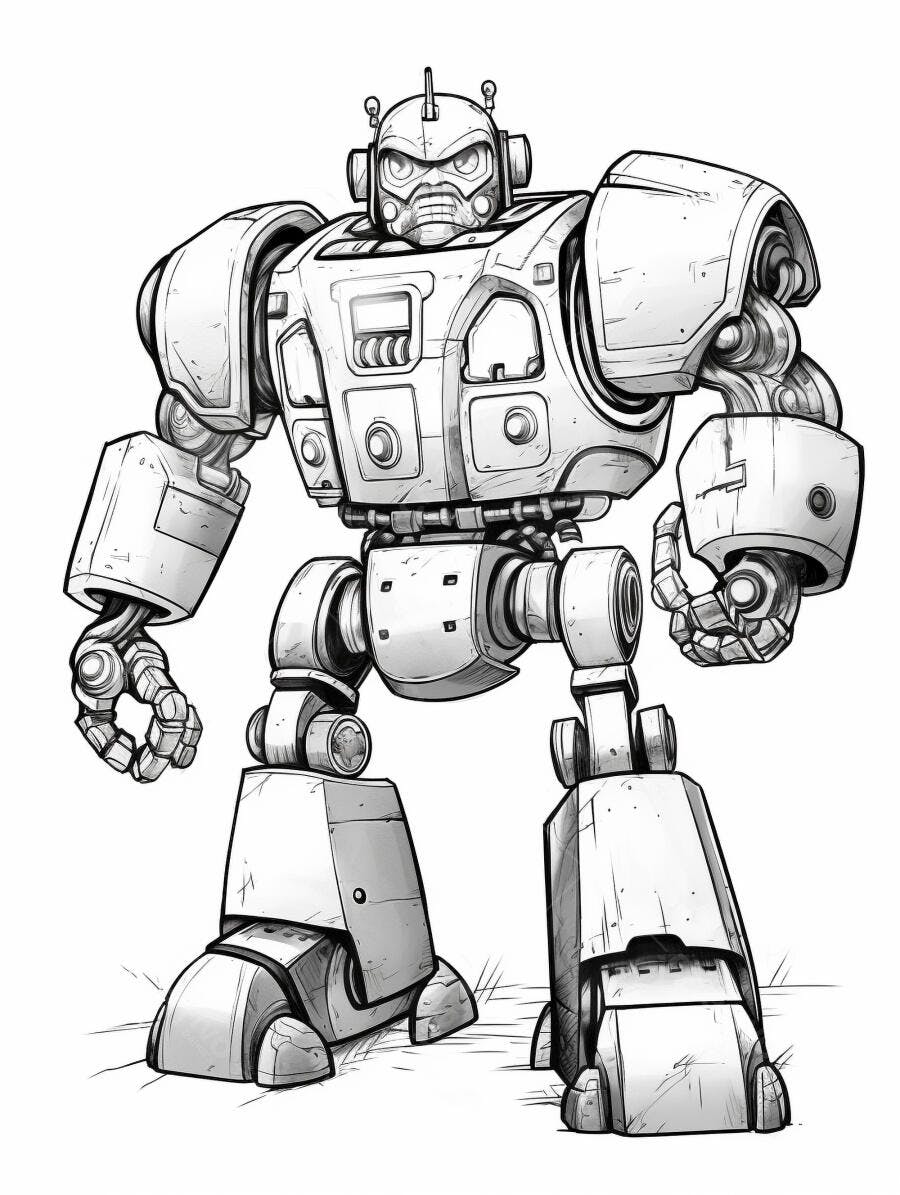 Robô de combate desenhado preto e branco estilo vintage com expressão forte