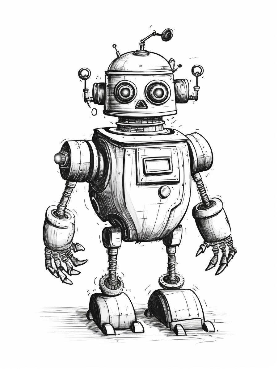 Robô estilo vintage desenhado em preto e branco com antenas e olhos grandes
