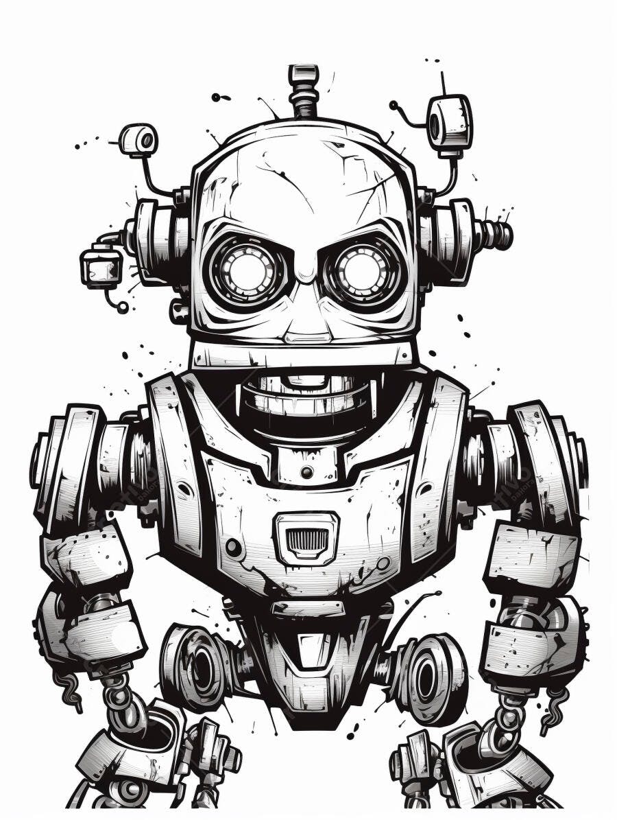 Robô vintage preto e branco ilustração detalhada com rachaduras e olhos brilhantes