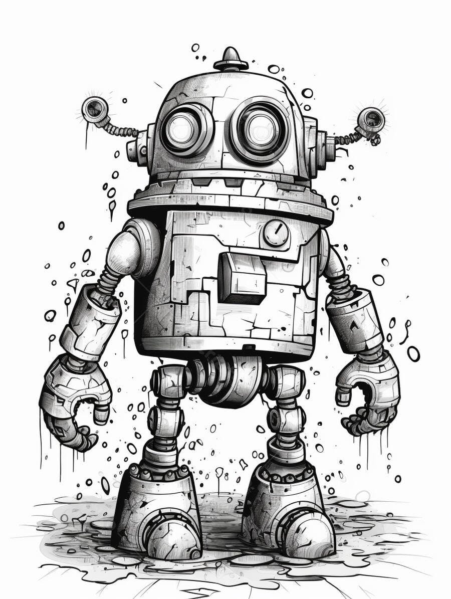 Robô retro de desenho em preto e branco com detalhes mecânicos