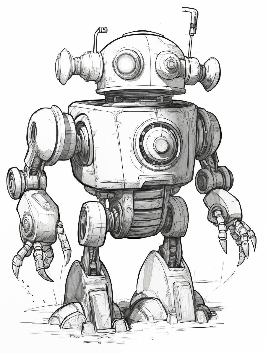 Robô desenho linha mecânico estilo vintage com garras e antenas