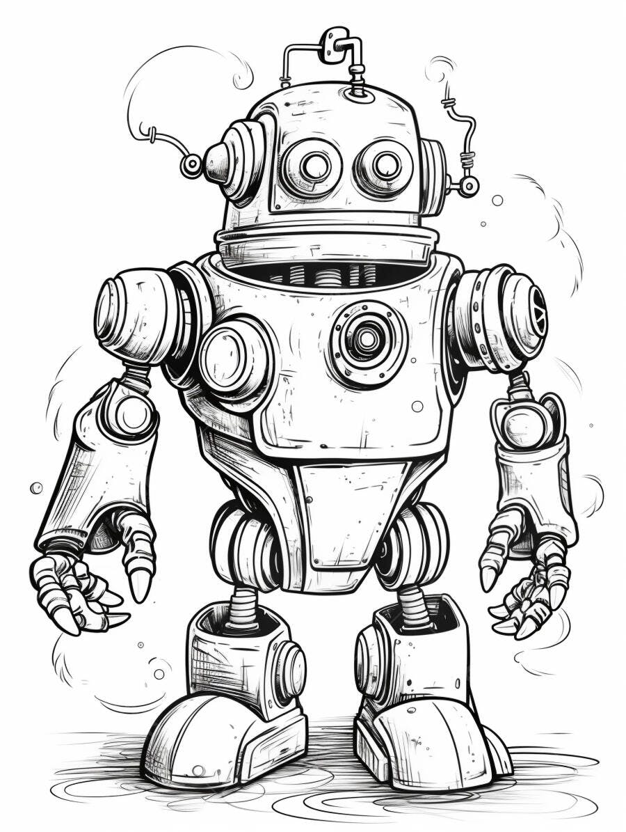 Robô ilustração vintage em preto e branco design steampunk