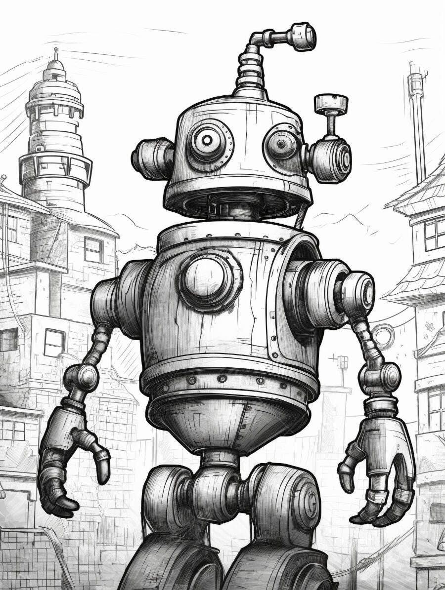 Robô vintage steampunk em cidade industrial desenho preto e branco