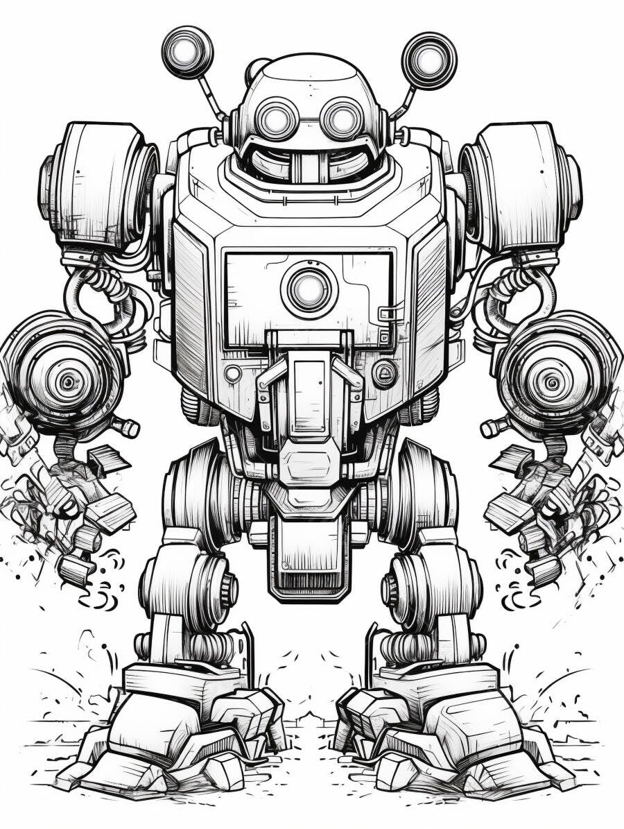 Robô mecânico grande ilustração em preto e branco estilo desenho animado
