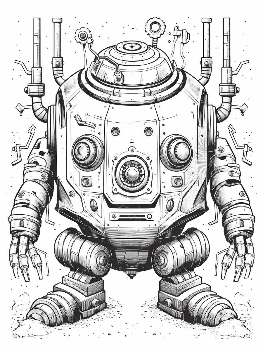 Robô estilo steampunk ilustração monocromática detalhada em pé