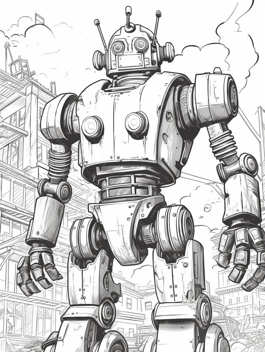 Robô gigante estilo retro futurista em ilustração preto e branco urbana