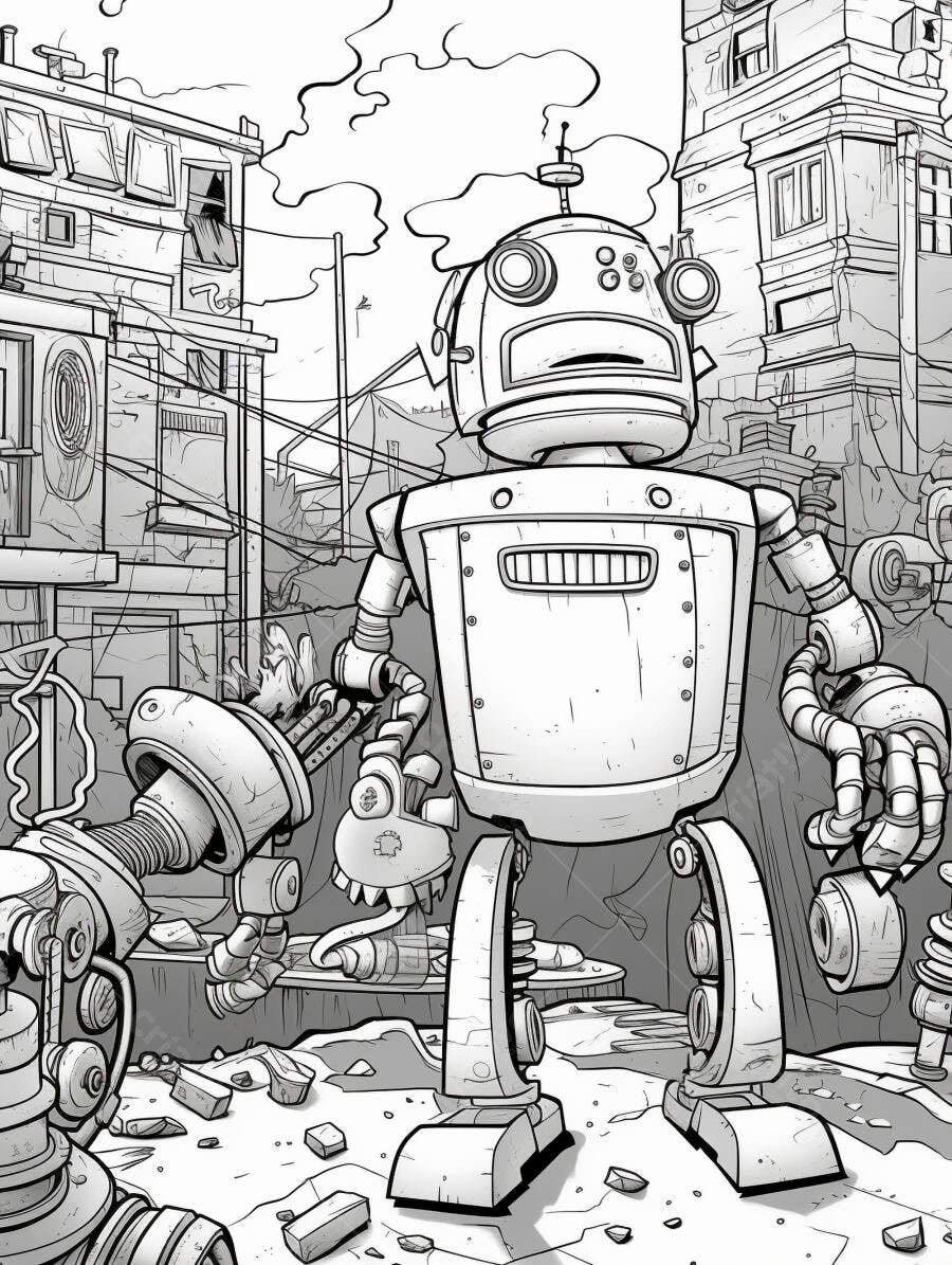 Robô solitário em cenário urbano pós-apocalíptico ilustração