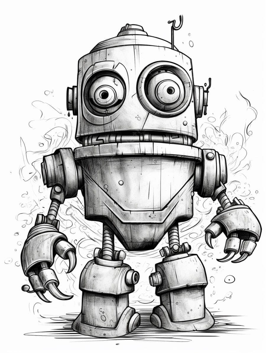 Robô cartoon vintage com olhos grandes e garras em desenho preto e branco