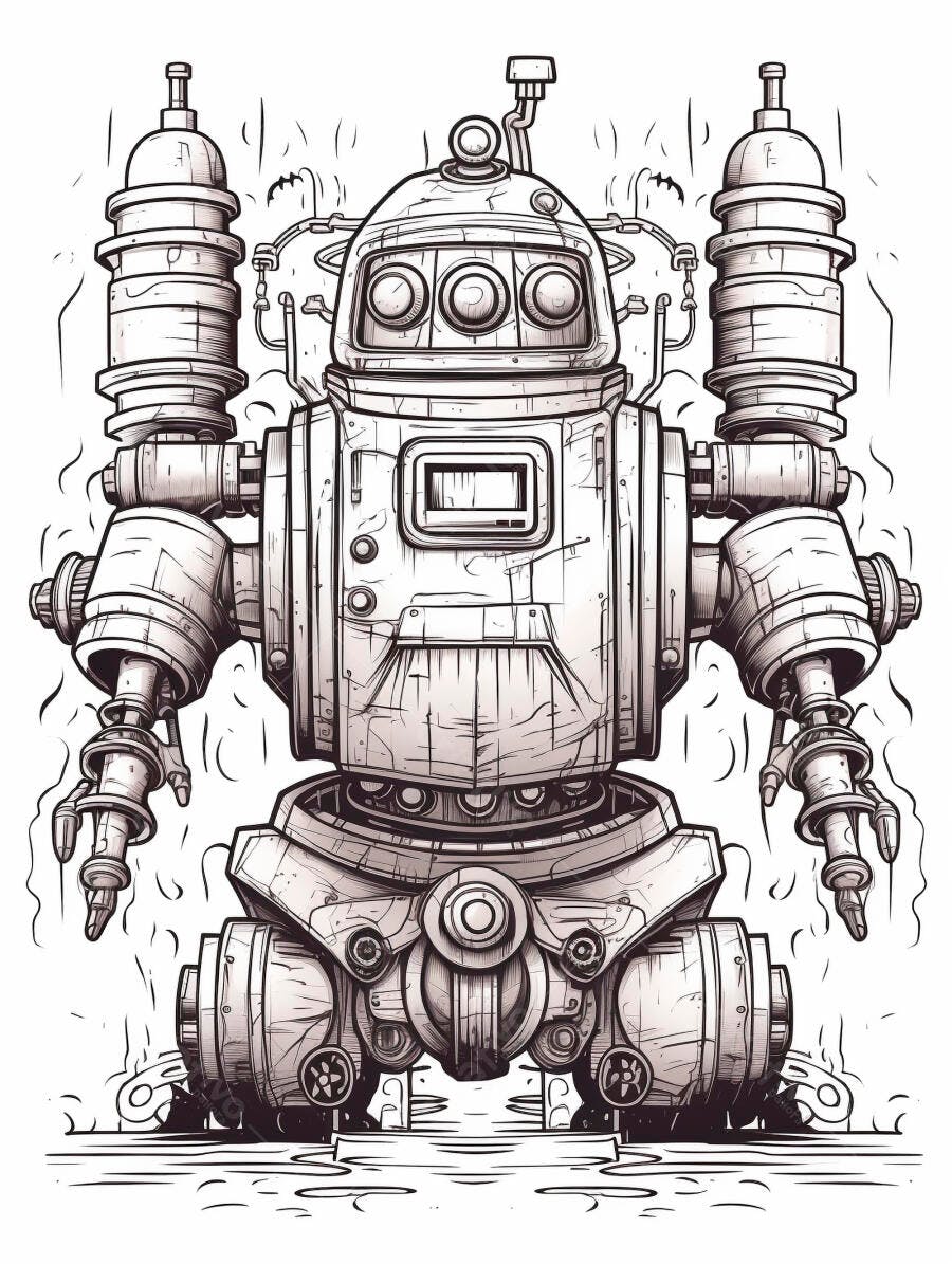 Robô vintage desenho steampunk detalhado em preto e branco ilustração mecânica