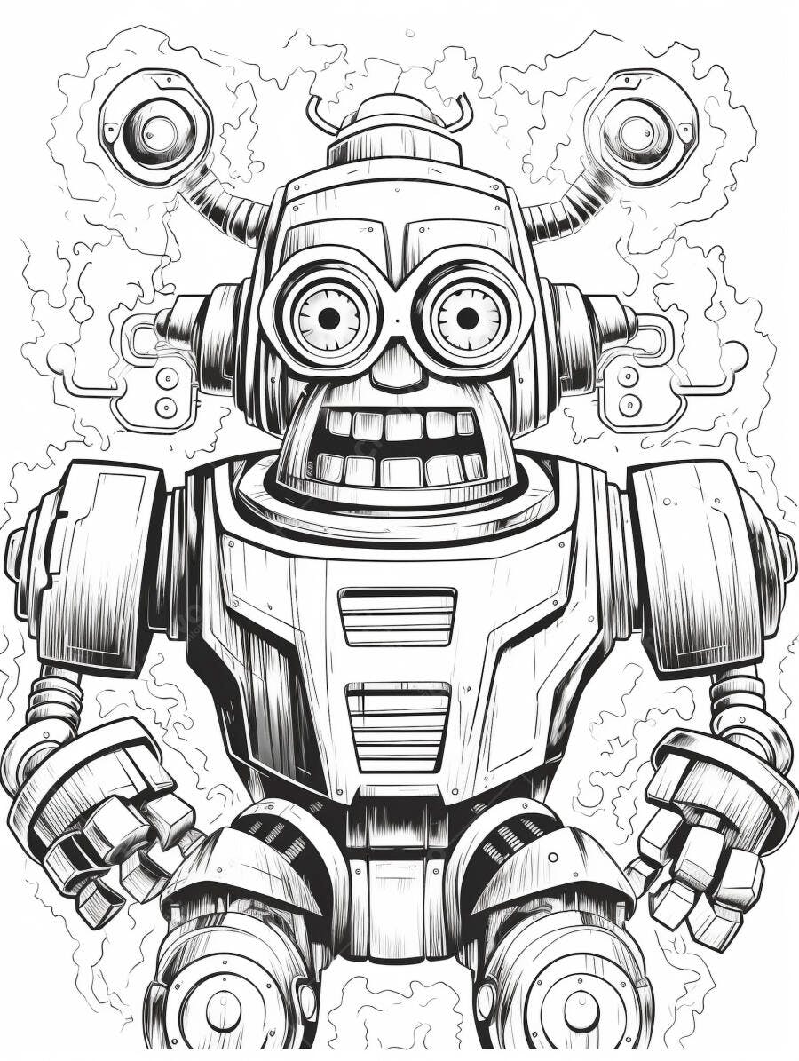 Robô mecânico de desenho animado com expressão surpresa e energia em fundo branco