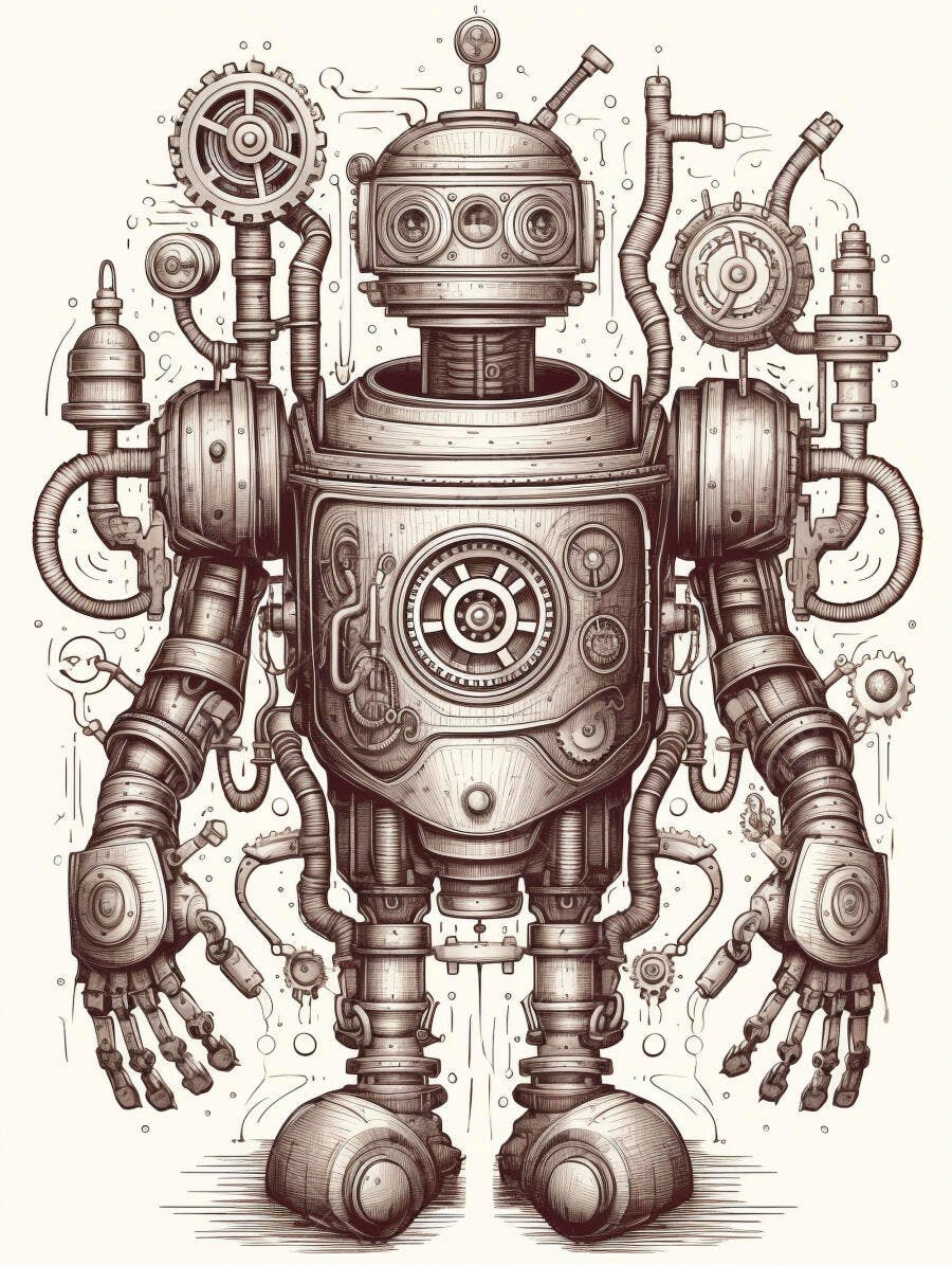 Robô mecânico steampunk ilustração detalhada com engrenagens estilo vintage