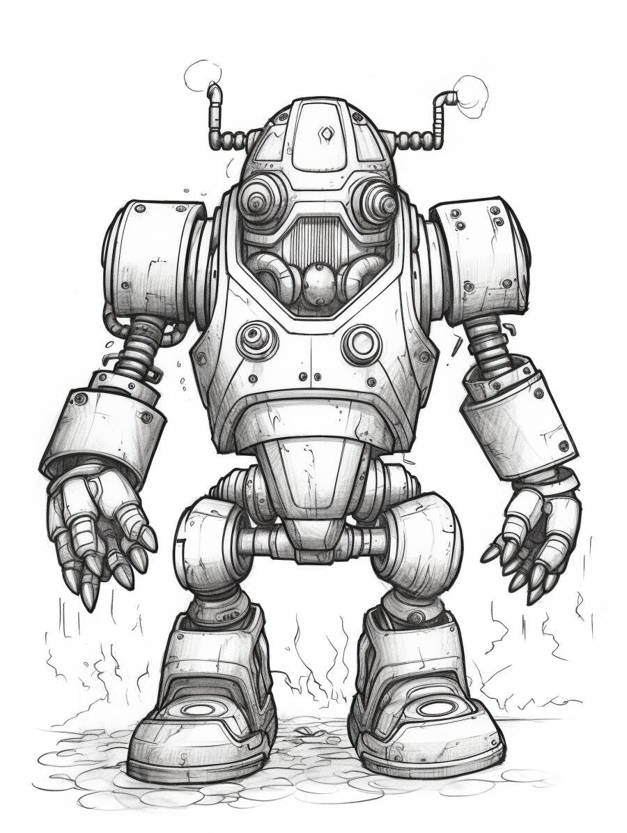 Robô industrial estilo steampunk desenho a lápis com vapor