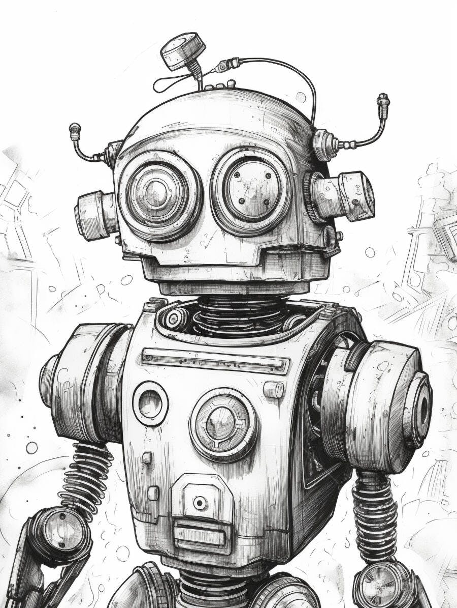 Robô vintage desenho preto e branco com detalhes mecânicos estilo retrô
