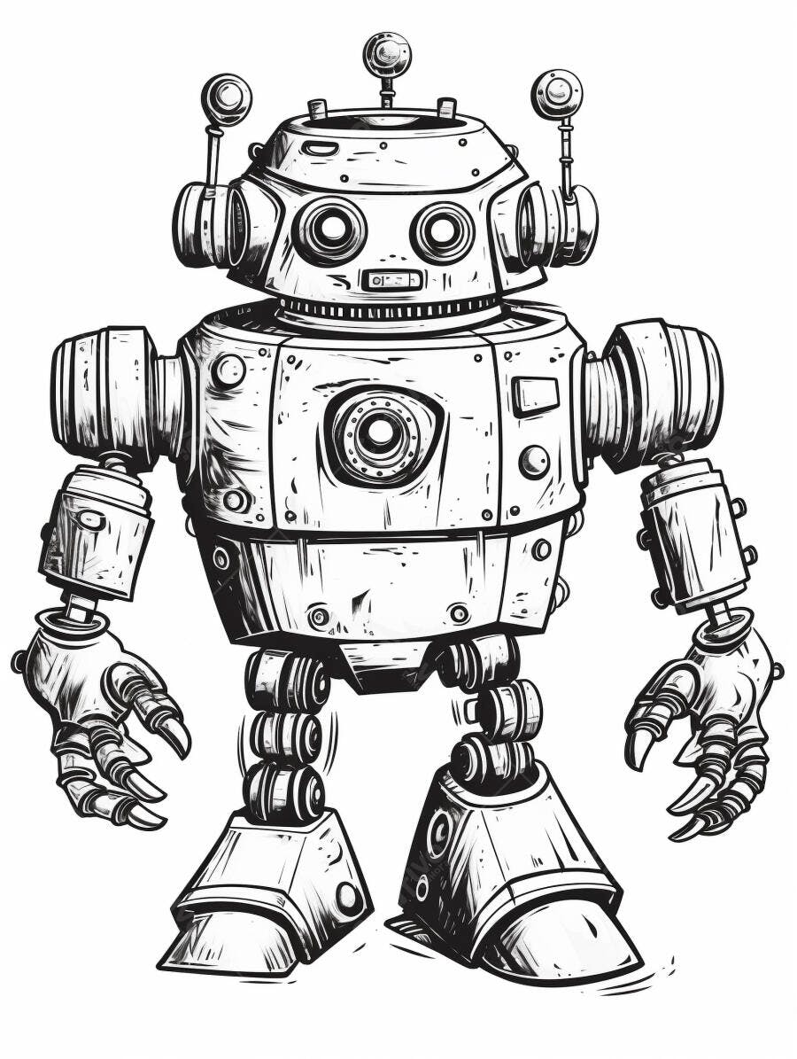 Robô vintage ilustração preto e branco estilo desenho animado