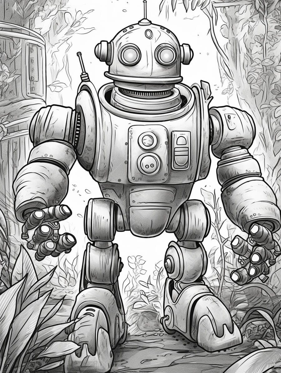 Robô vintage monocromático em floresta com vegetação densa desenho