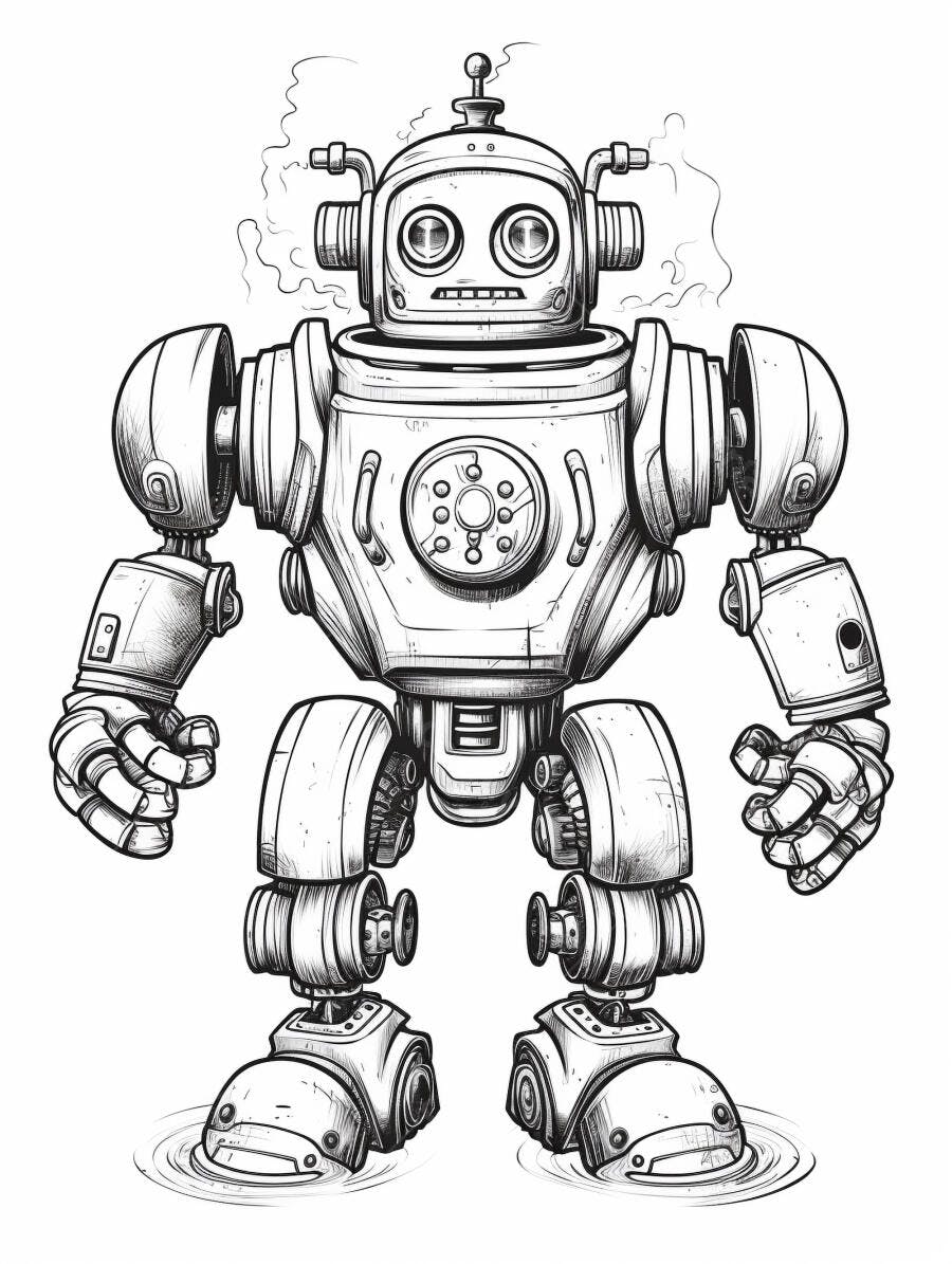 Ilustração de robô vintage estilo desenho linha com fumaça e água