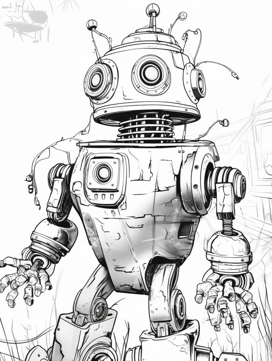 Robô desenho preto e branco estilo vintage com antenas e corpo metálico
