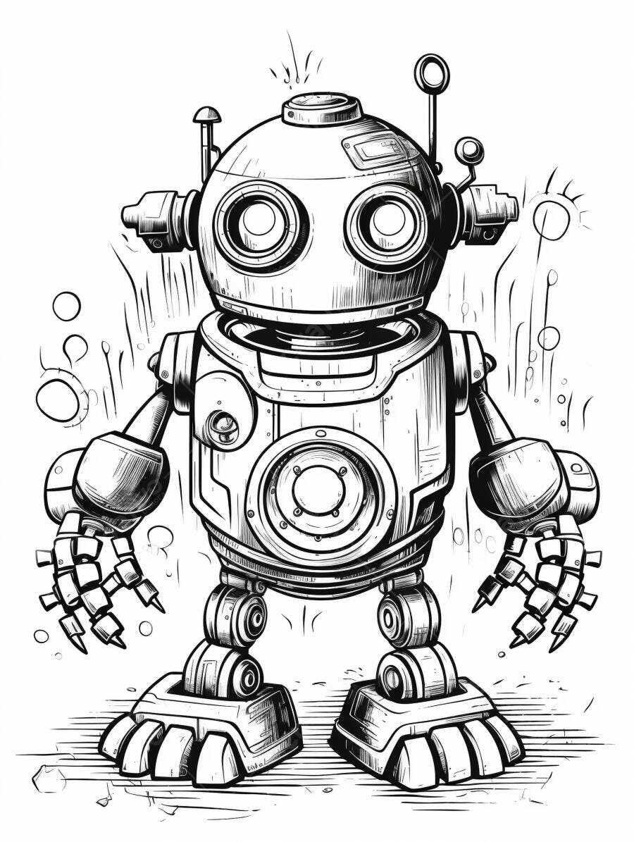 Robô fofo estilo vintage em ilustração infantil preto e branco