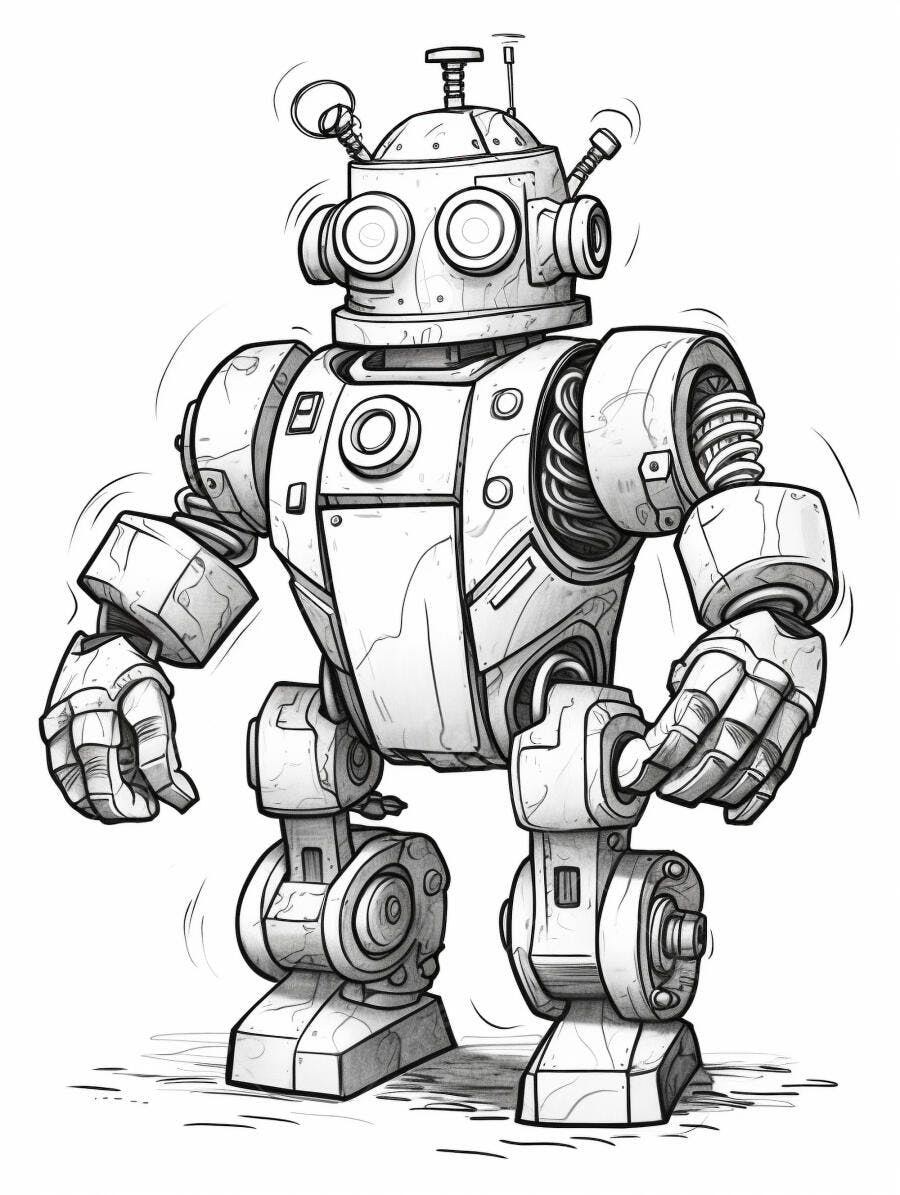 Robô de desenho animado ilustração estilo vintage em tons de cinza com engrenagens