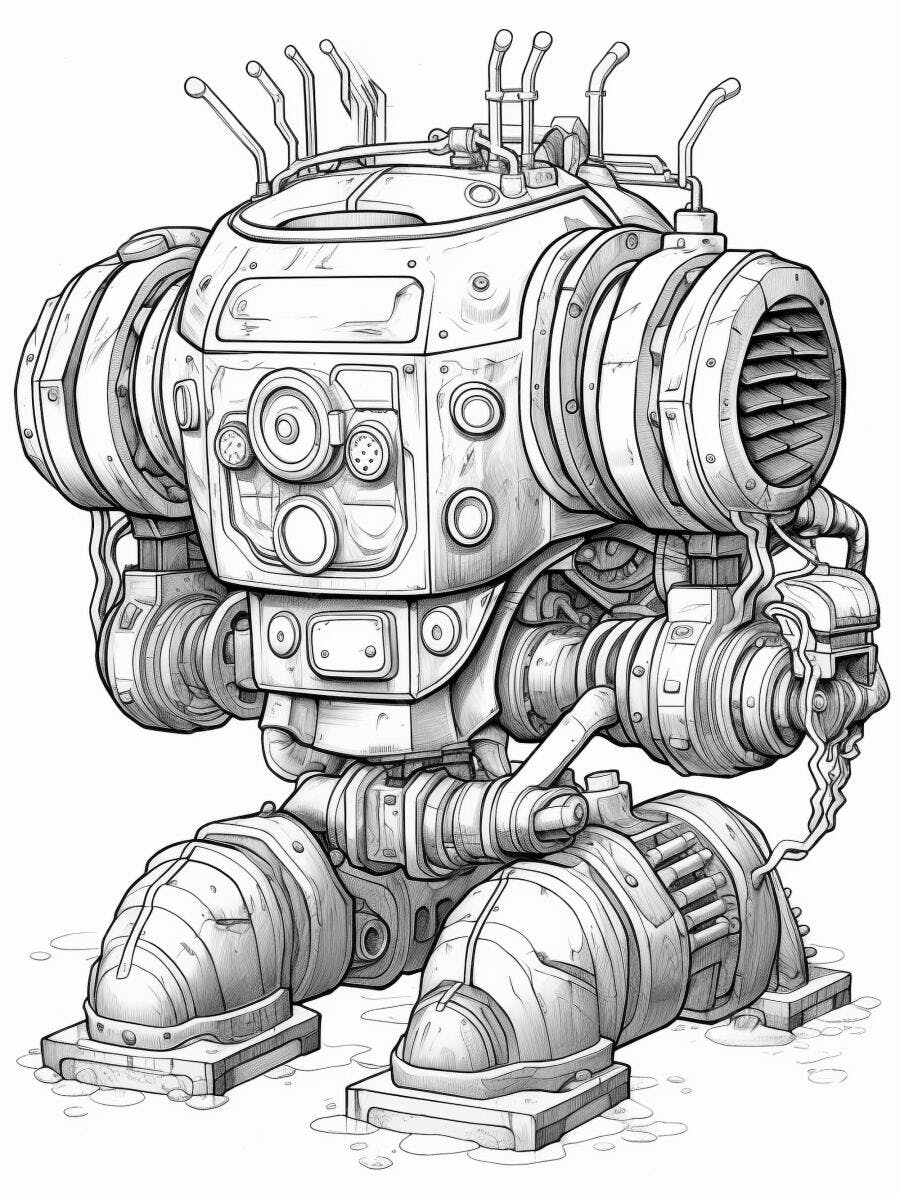 Robô mecânico futurista desenho detalhado linha arte ficção científica