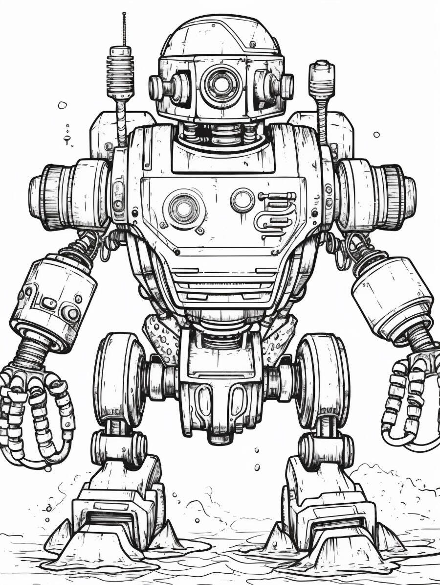 Robô de ficção científica detalhado em ilustração linha monocromática