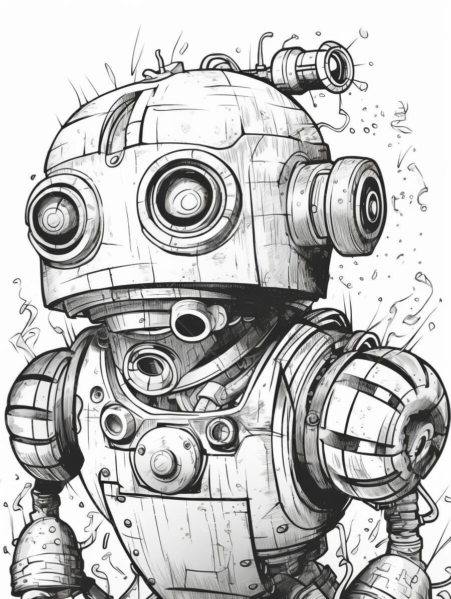 Robô mecânico vintage ilustração detalhada em preto e branco