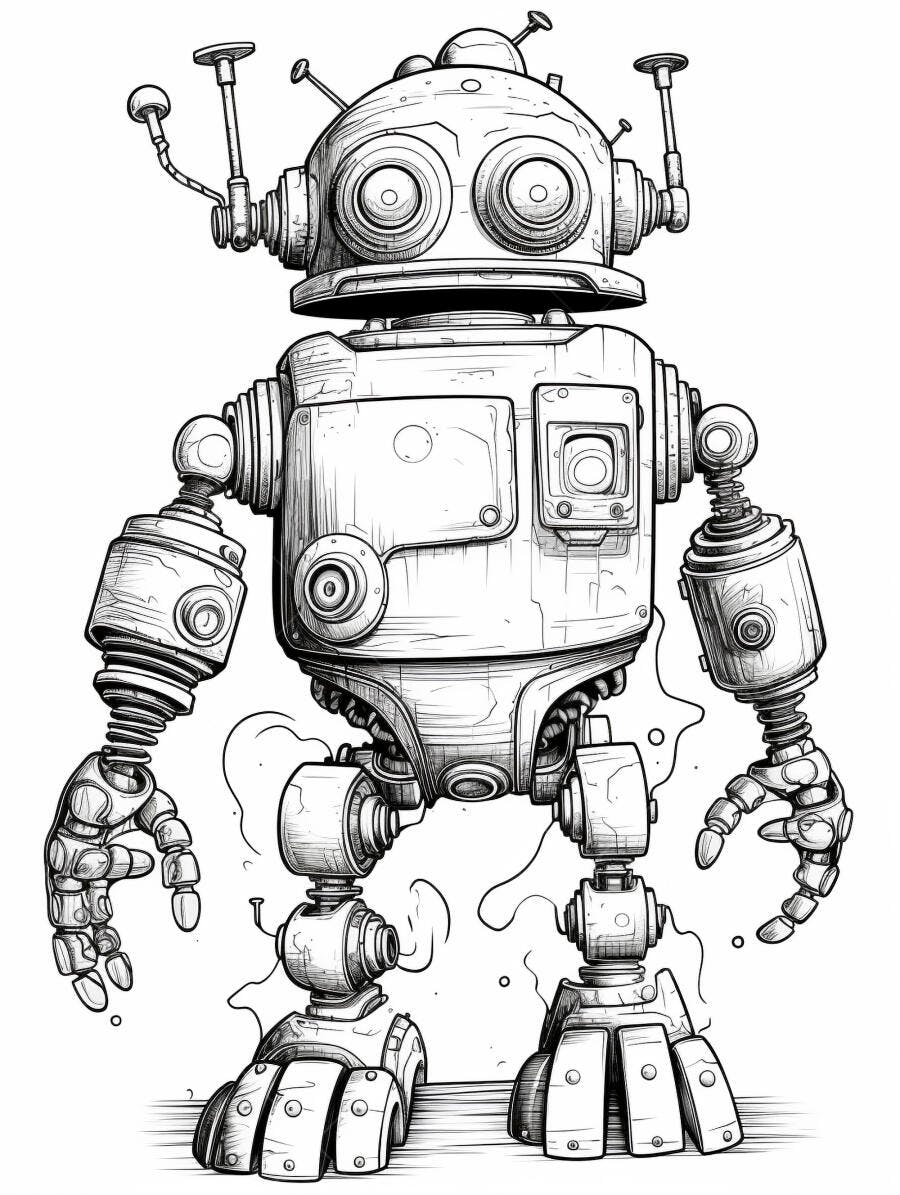Robô mecânico desenho linha preta e branca estilo vintage