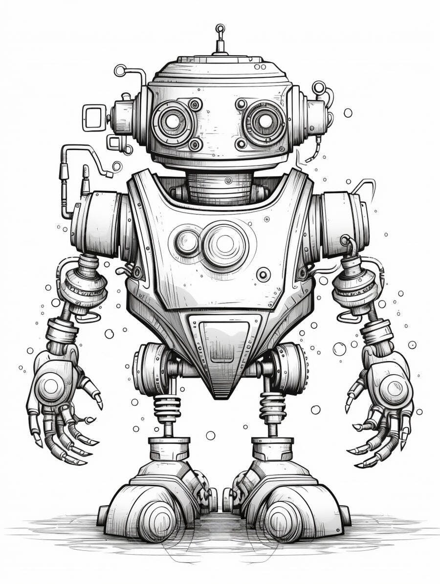 Robô desenho preto e branco estilo vintage isolado para colorir