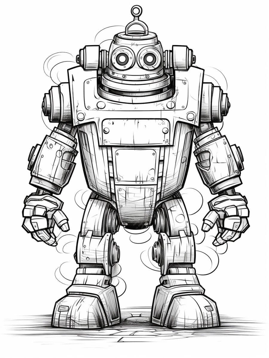 Robô vintage ilustração linha preta e branca estilo desenho animado