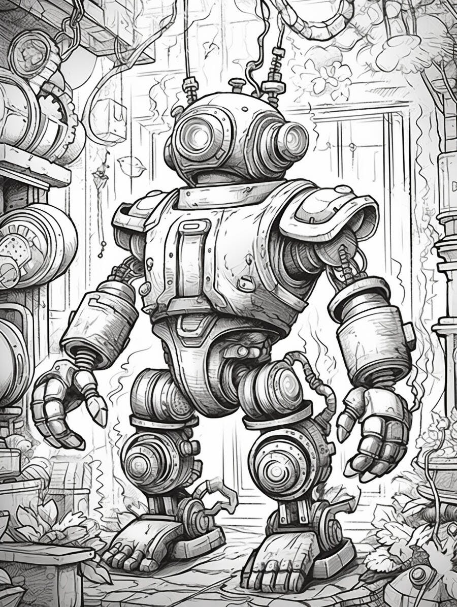 Robô steampunk em oficina antiga detalhada desenho em preto e branco