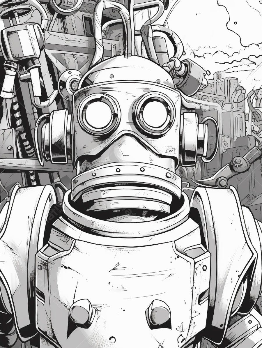 Robô steampunk vintage em ilustração monocromática com fundo industrial urbano
