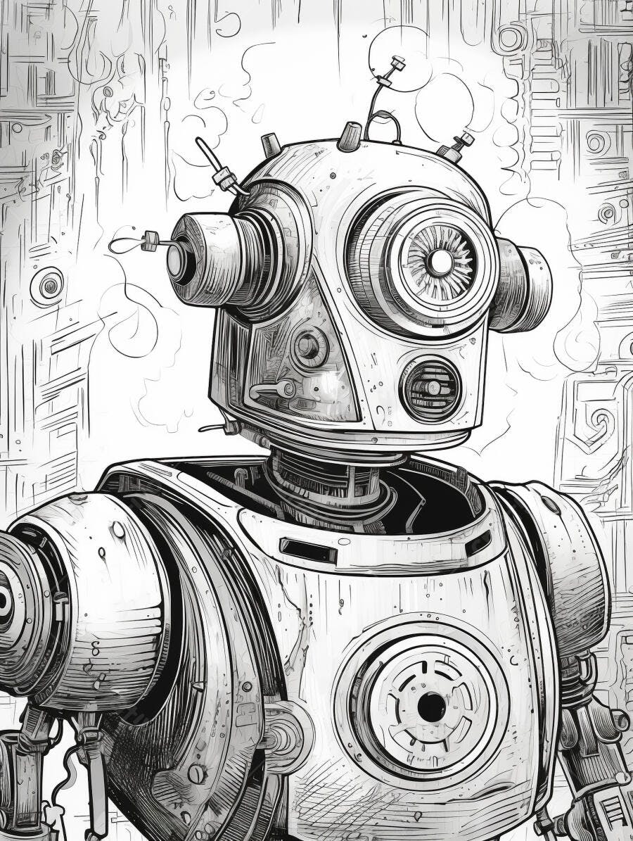 Robô vintage futurista em desenho detalhado preto e branco