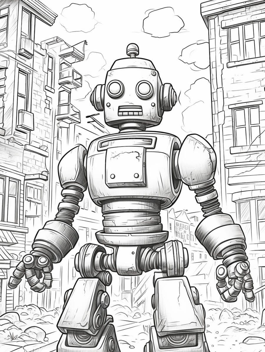Robô gigante estilo vintage em desenho preto e branco na rua da cidade