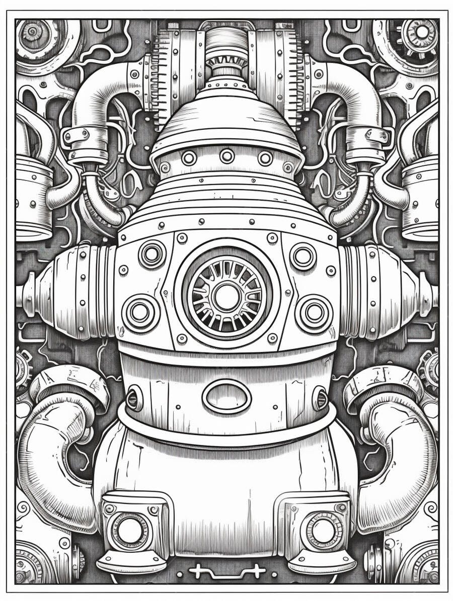 Máquina industrial steampunk complexa desenho em preto e branco para colorir