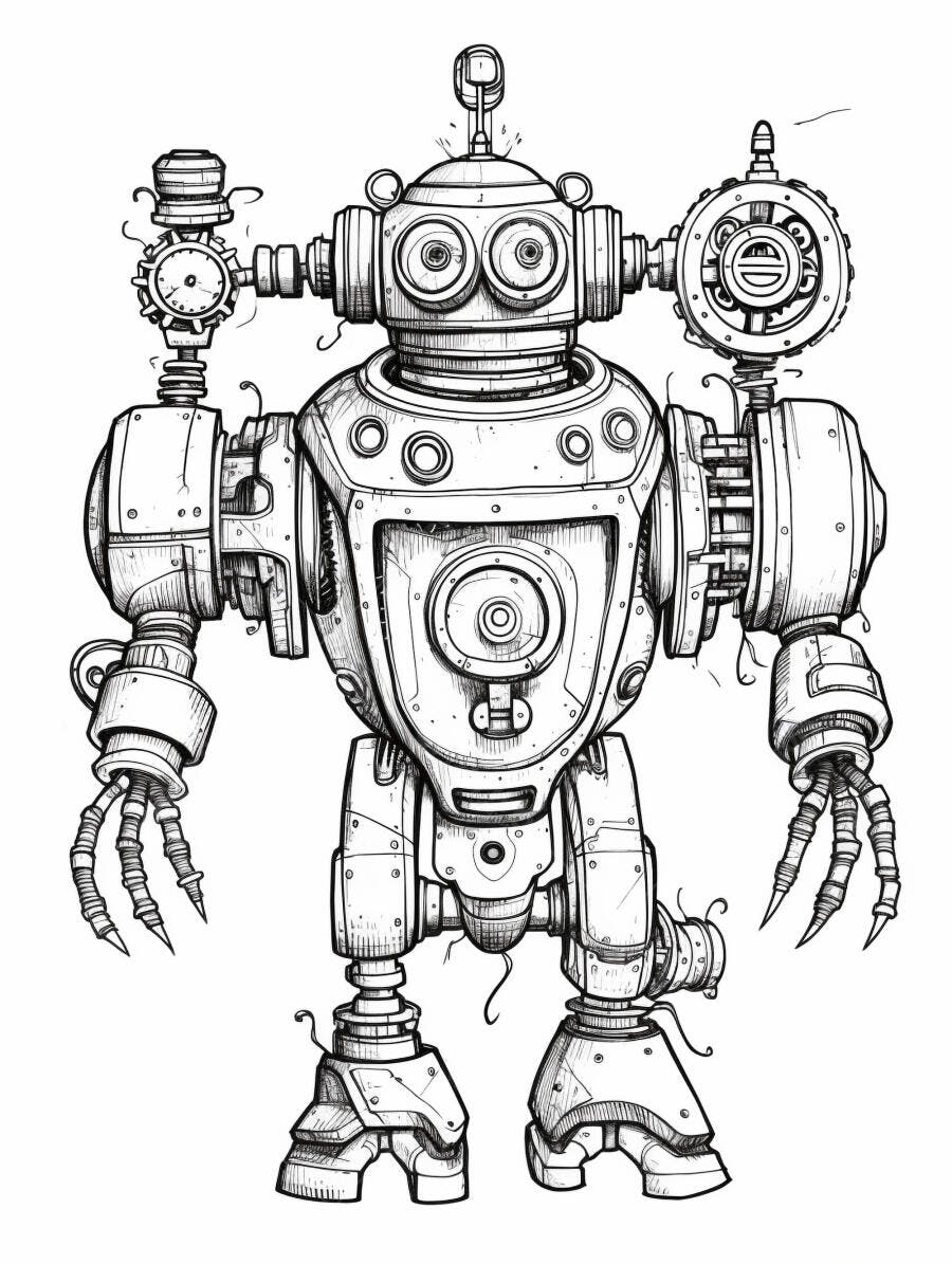 Robô steampunk vintage com engrenagens e antenas em ilustração preto e branco