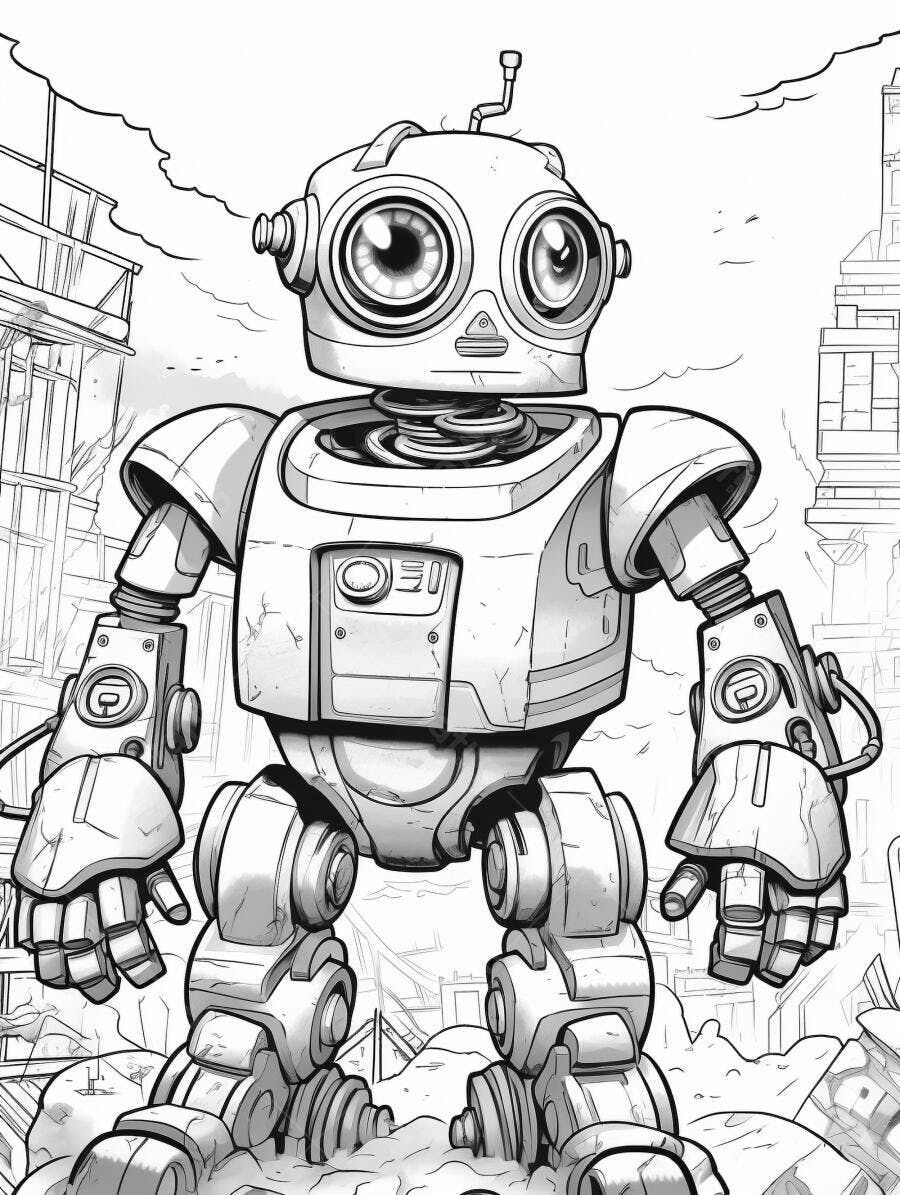 Robô de desenho com olhos grandes em cenário urbano destruído