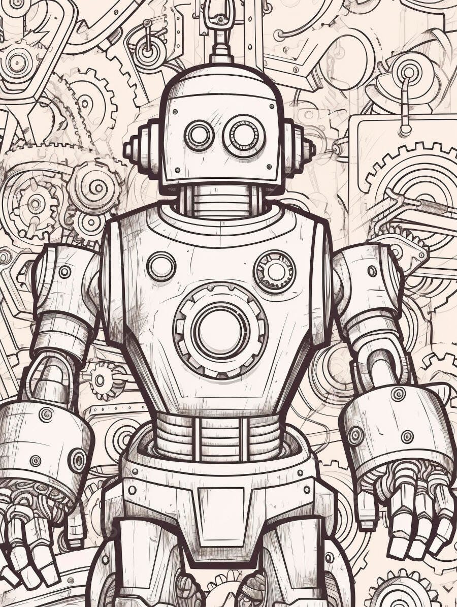 Robô desenhado com linhas em estilo vintage cercado por engrenagens intrincadas