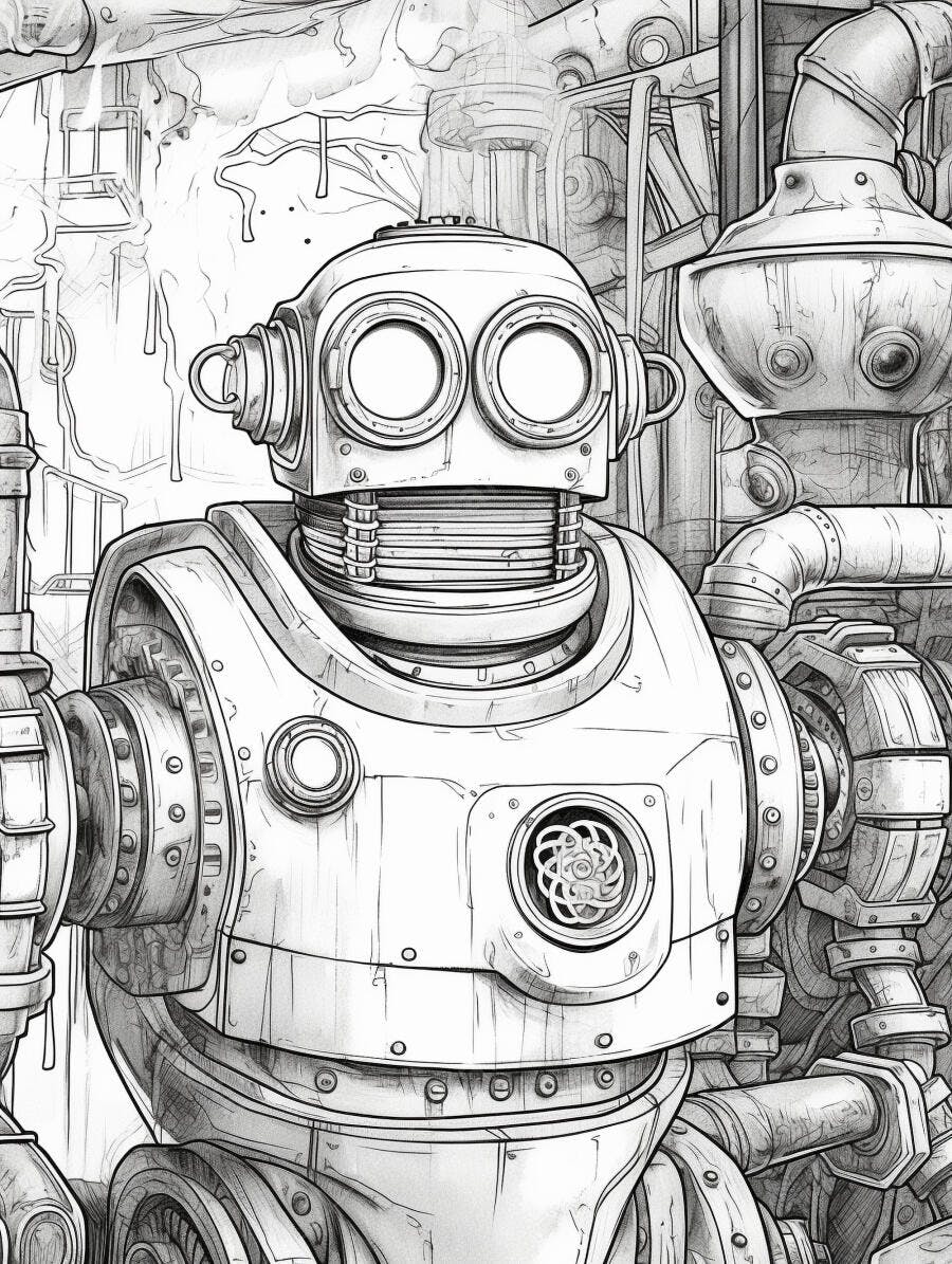 Robô steampunk detalhado ilustração preto e branco em cenário industrial