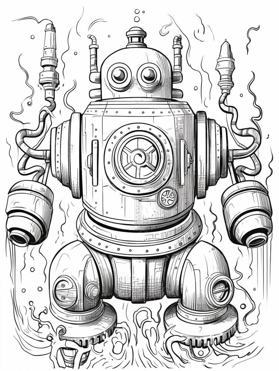 Robô steampunk detalhado ilustração preto e branco em fundo neutro