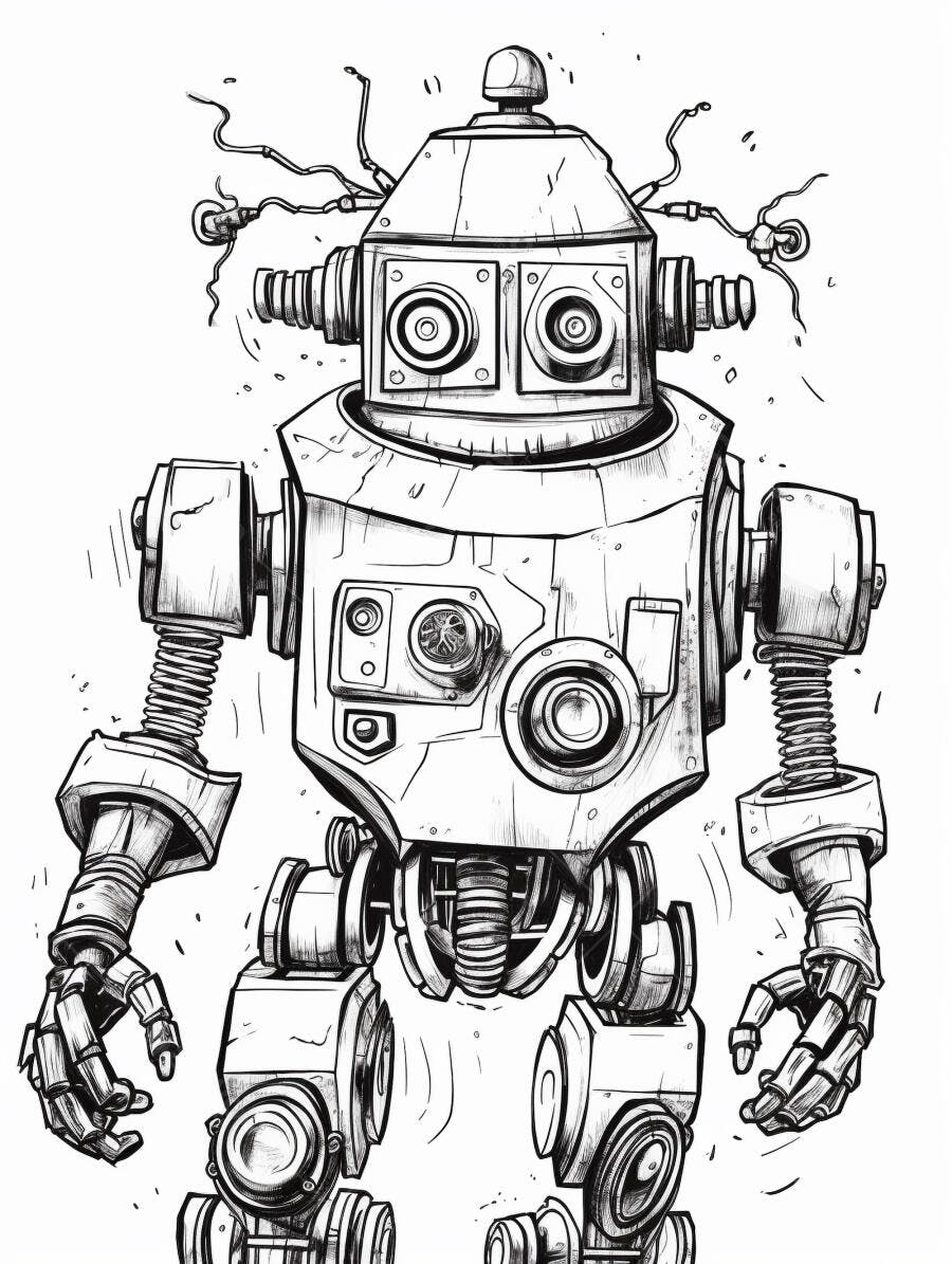 Robô vintage desenho em preto e branco ilustração mecânica detalhada
