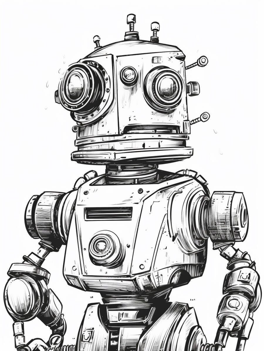 Robô desenhado com estilo retrô detalhado em preto e branco