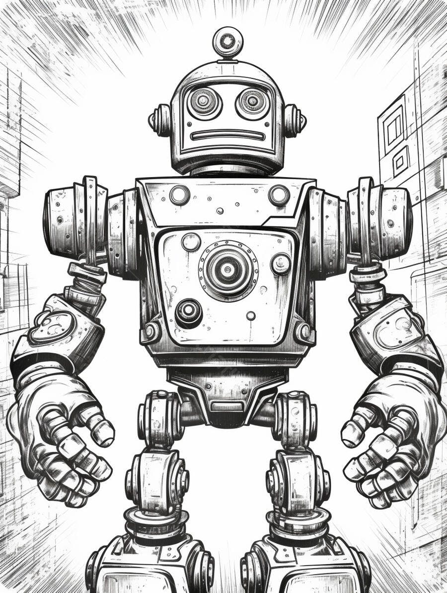 Robô vintage ilustração preto e branco com detalhes mecânicos