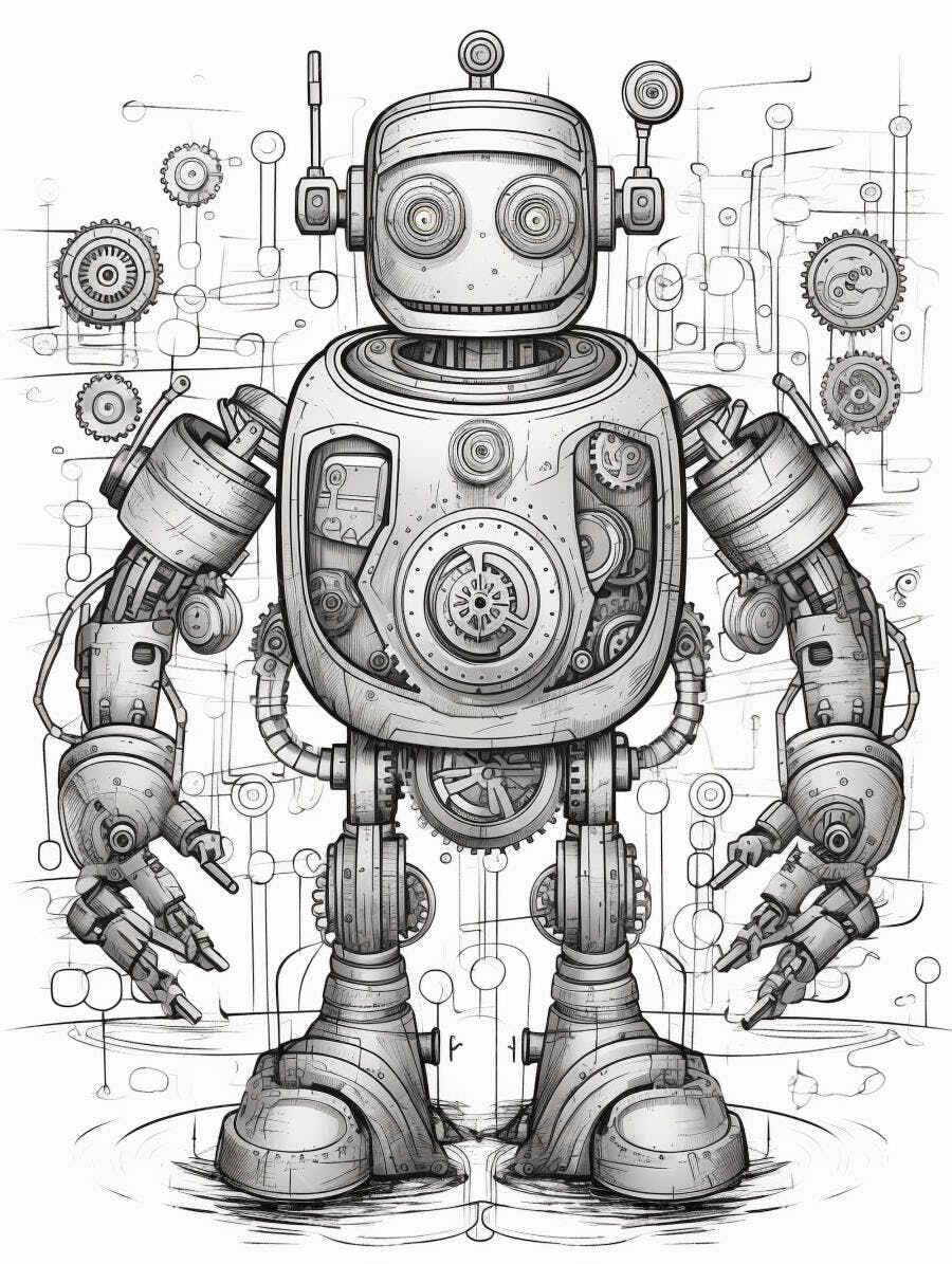 Robô steampunk vintage ilustração preto e branco com engrenagens visíveis