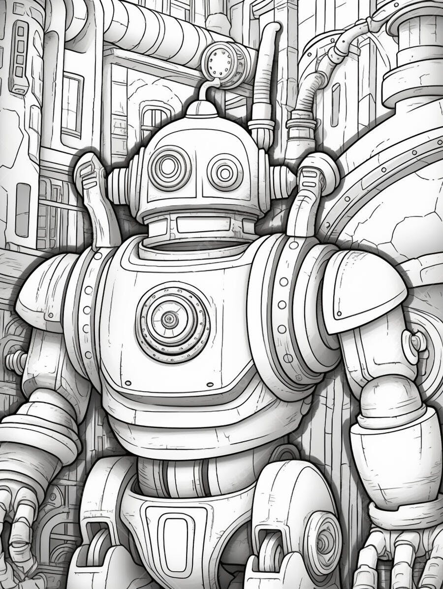 Robô retrofuturista estilo steampunk em desenho detalhado para colorir