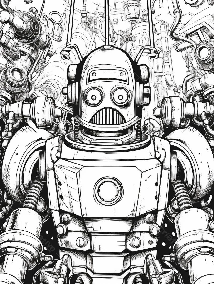 Robô mecânico desenho linha preta e branca olhos redondos cercado por engrenagens
