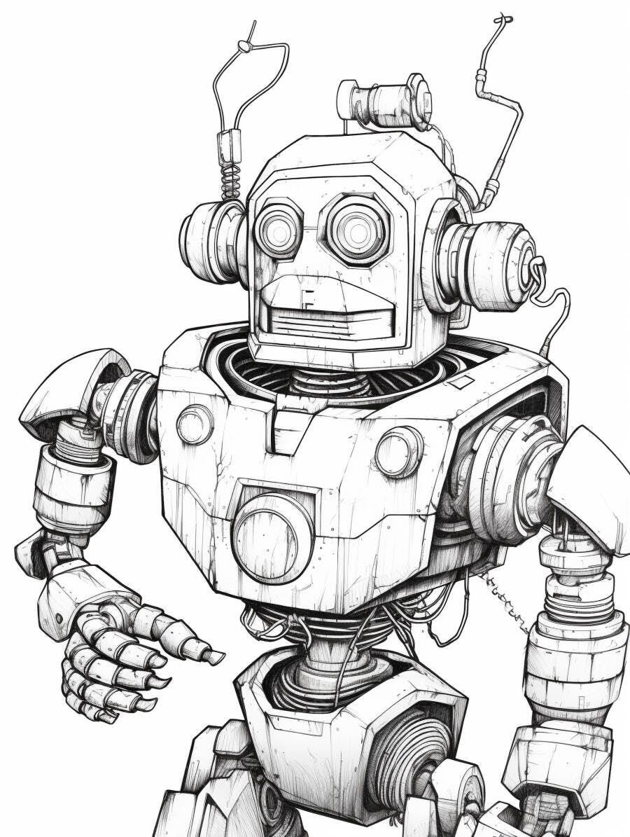 Robô vintage detalhado desenho em linha arte preto e branco