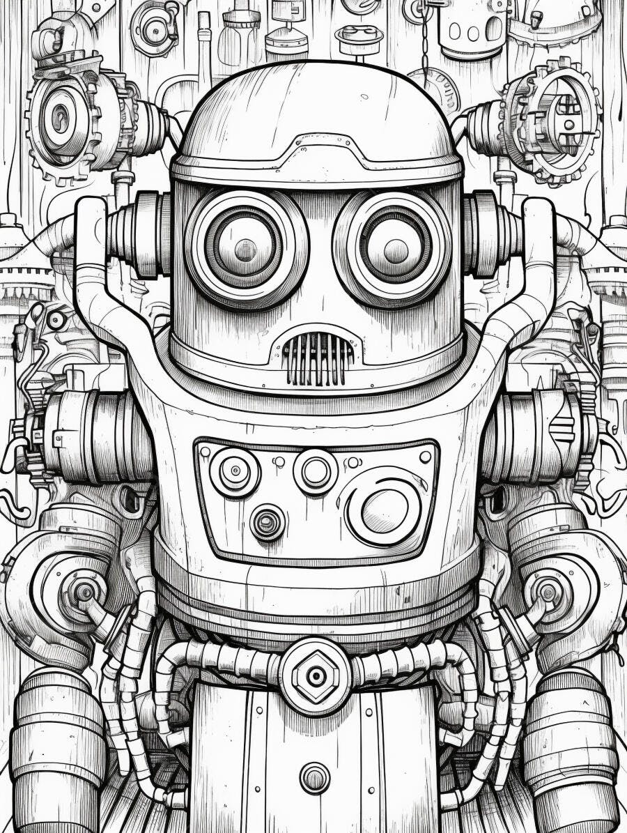 Robô steampunk desenho detalhado em preto e branco com engrenagens industriais