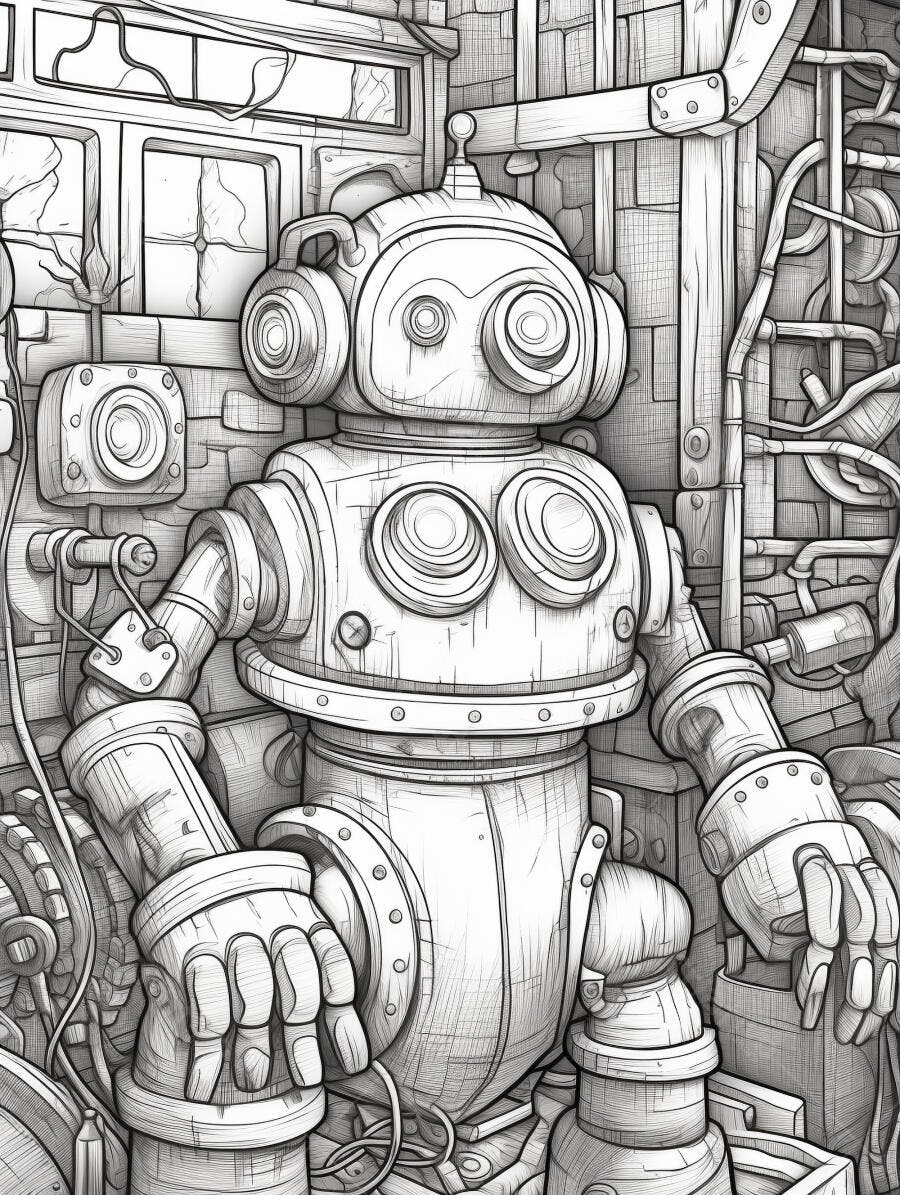 Robô retro em oficina mecânica detalhada ilustração line art