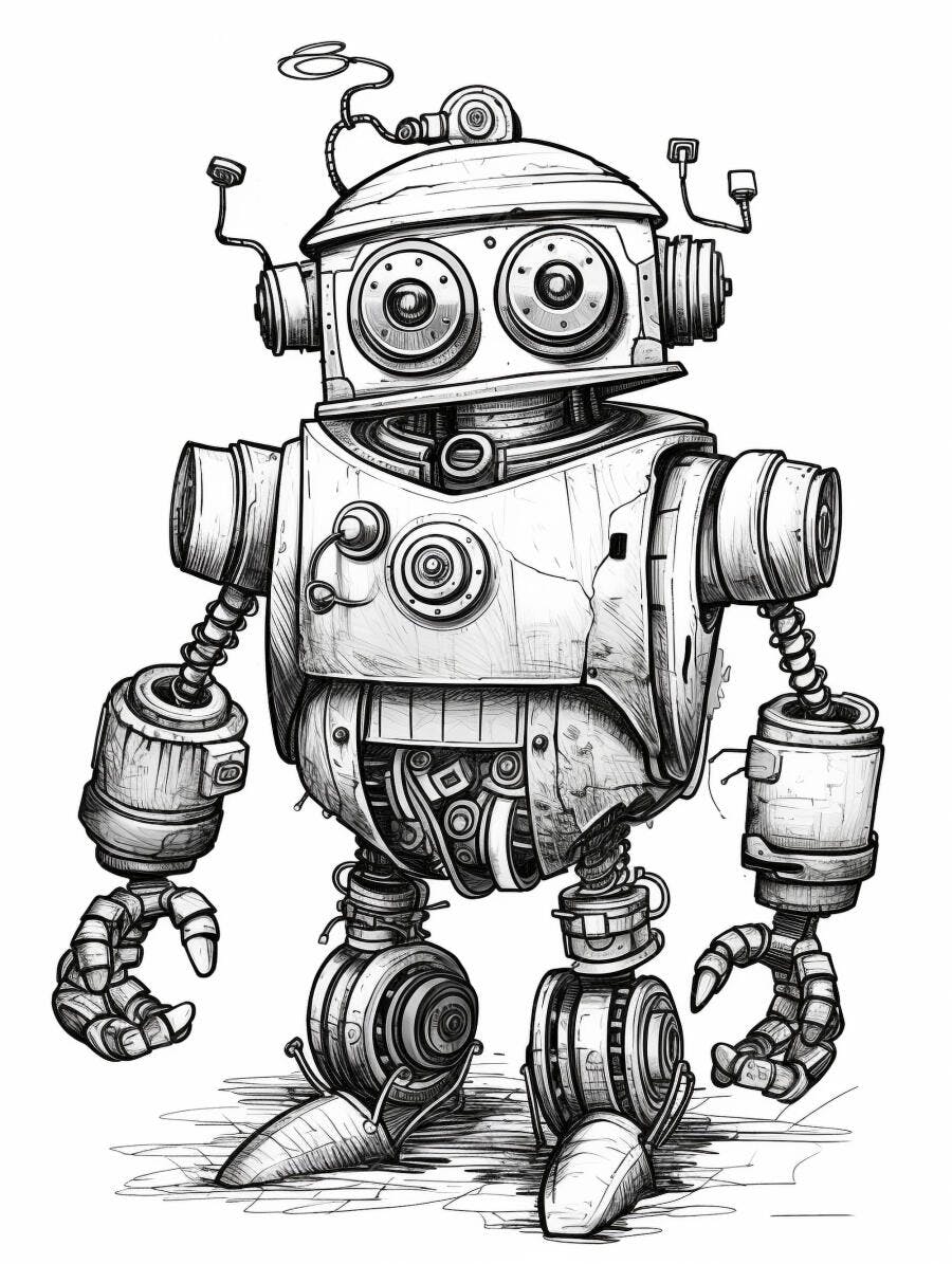 Robô vintage desenho preto e branco com olhos grandes e estilo retro isolado